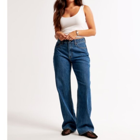 Abercrombie & Fitch Curve Love High Rise Loose Jean Dark Marble Denim Size 14L - Picture 1 of 16
